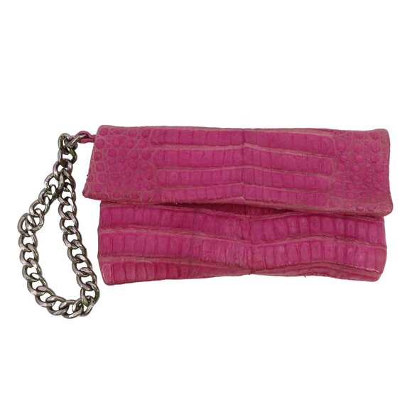 Jamah Barbi Pink Crocodile Leather Suede Lining Chain Strap Wristlet Handbag Bag - Picture 1 of 16